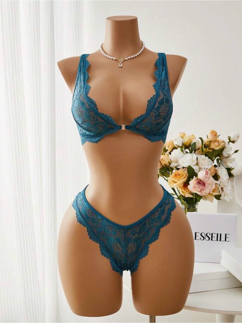 Teal Lace Plunge Bra & Bikini Set - Brand: